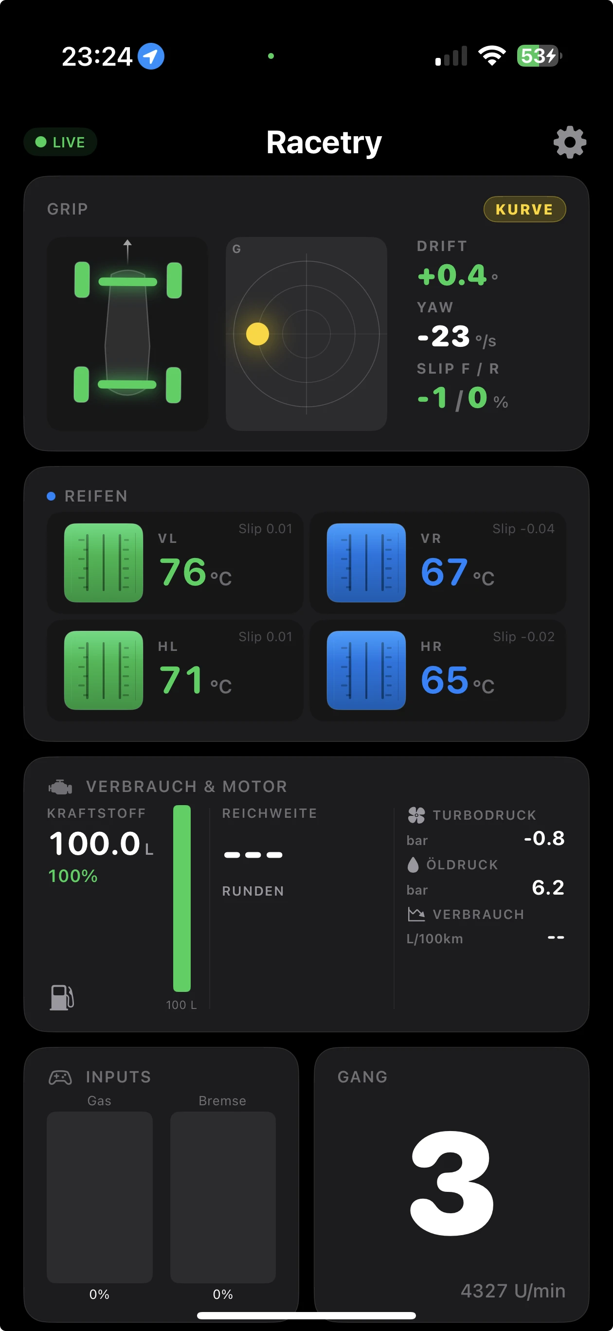 iPhone with tire, grip and fuel data