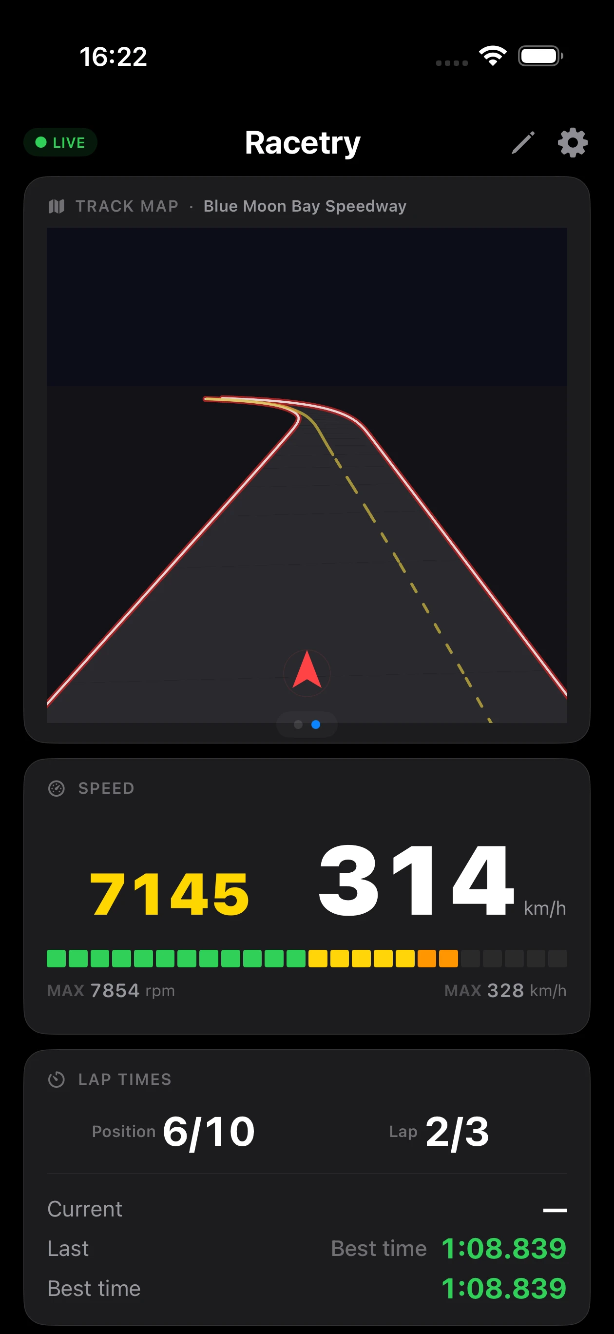 3D driver view and 2D track map with live position